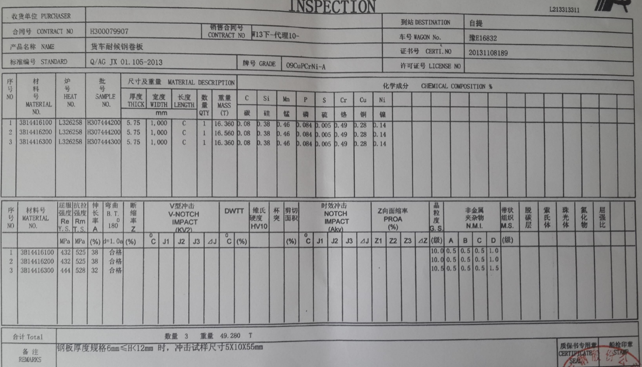09CuPCrNi-A MTC from a Real Mill Test Certificate